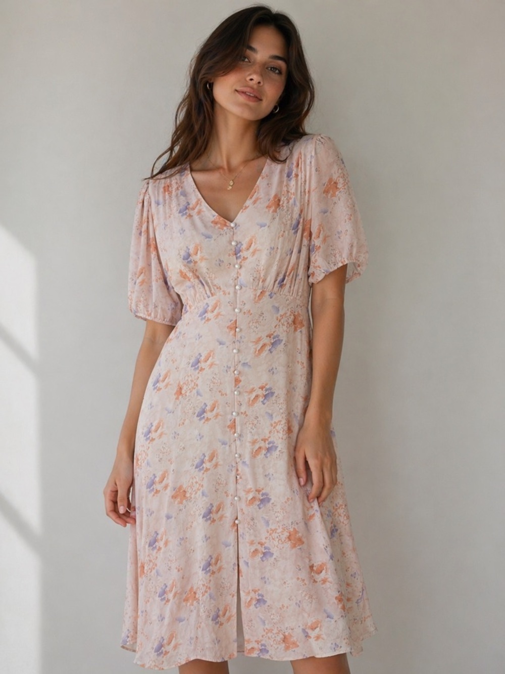 SOON Floral Button-Front V-Neck Midi Dress‎ Sz S in Blush